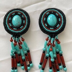 Blue and Black Beaded Earrings with Dangling Elements